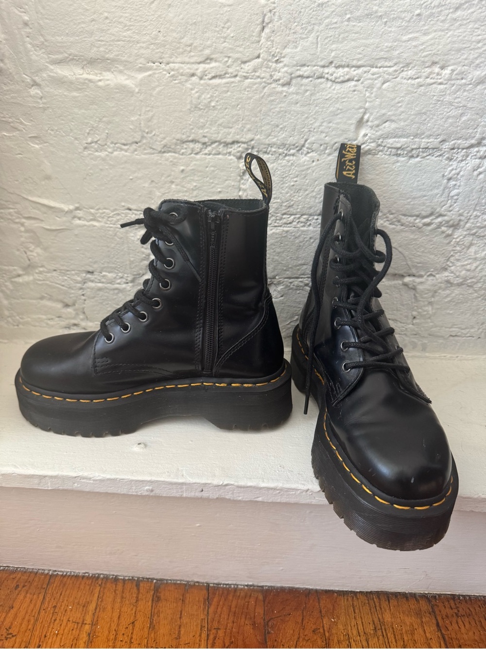 Dr. Martens Black Leather Platform Combat Boots with Yellow Stitching - Picture 3 of 8